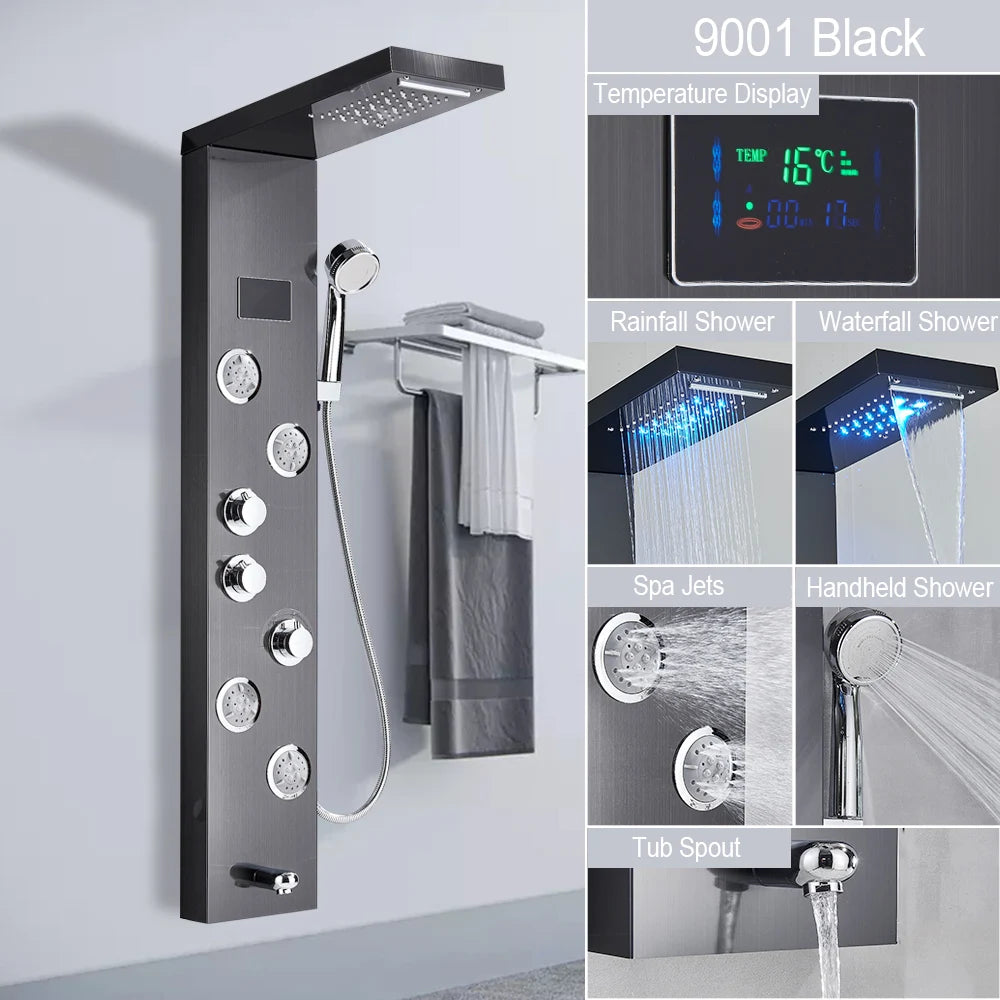 LED Shower Panel Waterfall Rain Digital Display Shower Faucet Set SPA Massage Jet Bathroom Column Mixer Tap Tower System