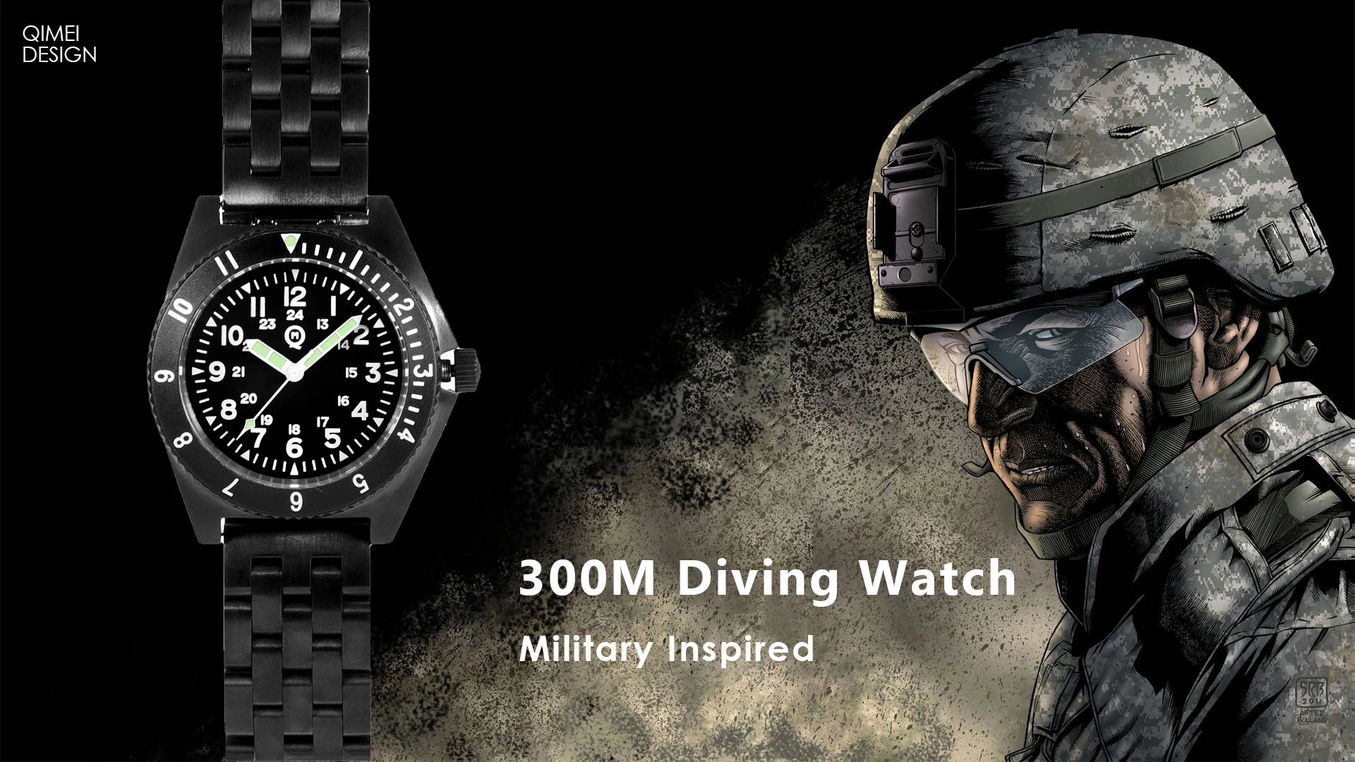 QM "Vietnam" / Platoon US Special Forces UDT Military Men's 300M Diver Super Light C3 Army SM8019BA Without logo Swimming  Watch