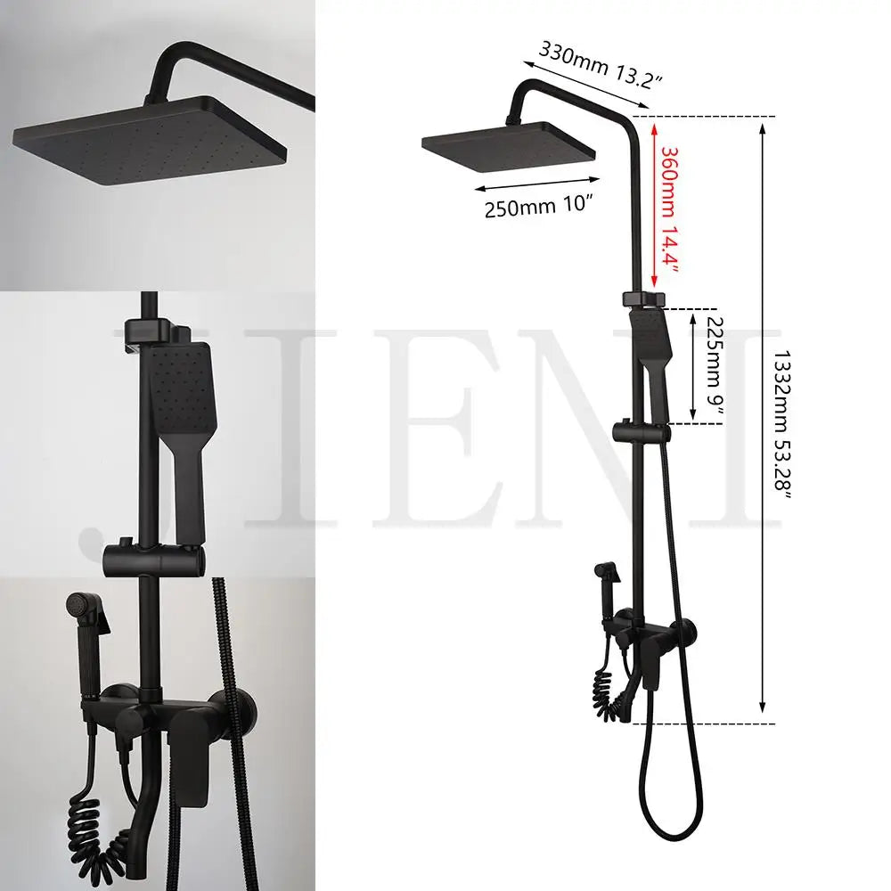 JIENI Matte Black Rainfall Shower Faucet Set Paint Black Bathtub Shower Mixer Faucet & Wall Mounted Hand Shower Mixer Faucet Set