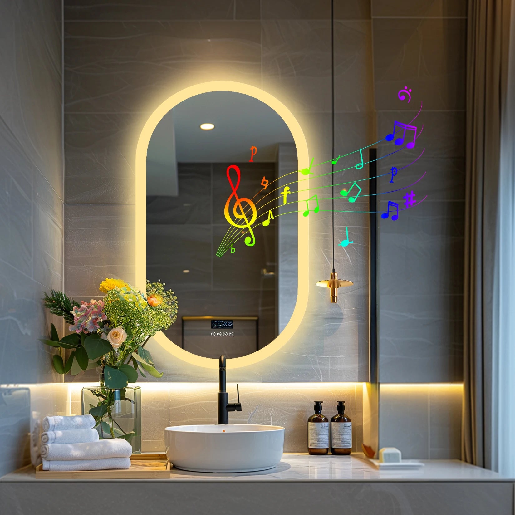 Oval LED Bathroom Mirror with Lights, Anti-Fog, Bluetooth Speaker, 3 Colors Temperature Dimmable Lighted Mirrors Waterproof