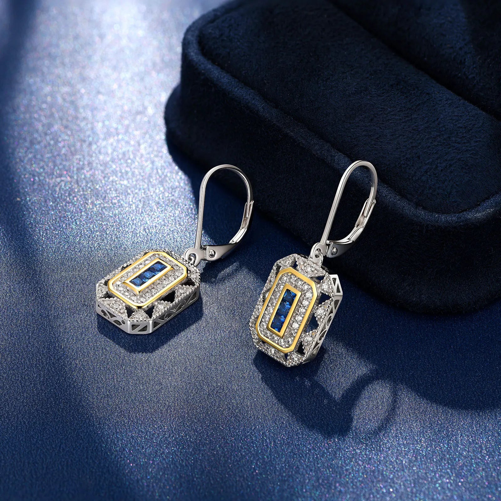 Newshe Solid 925 Sterling Silver K Gold Dangle Drop Earrings for Women Sapphire White AAAAA CZ Vintage Jewelry JE1581