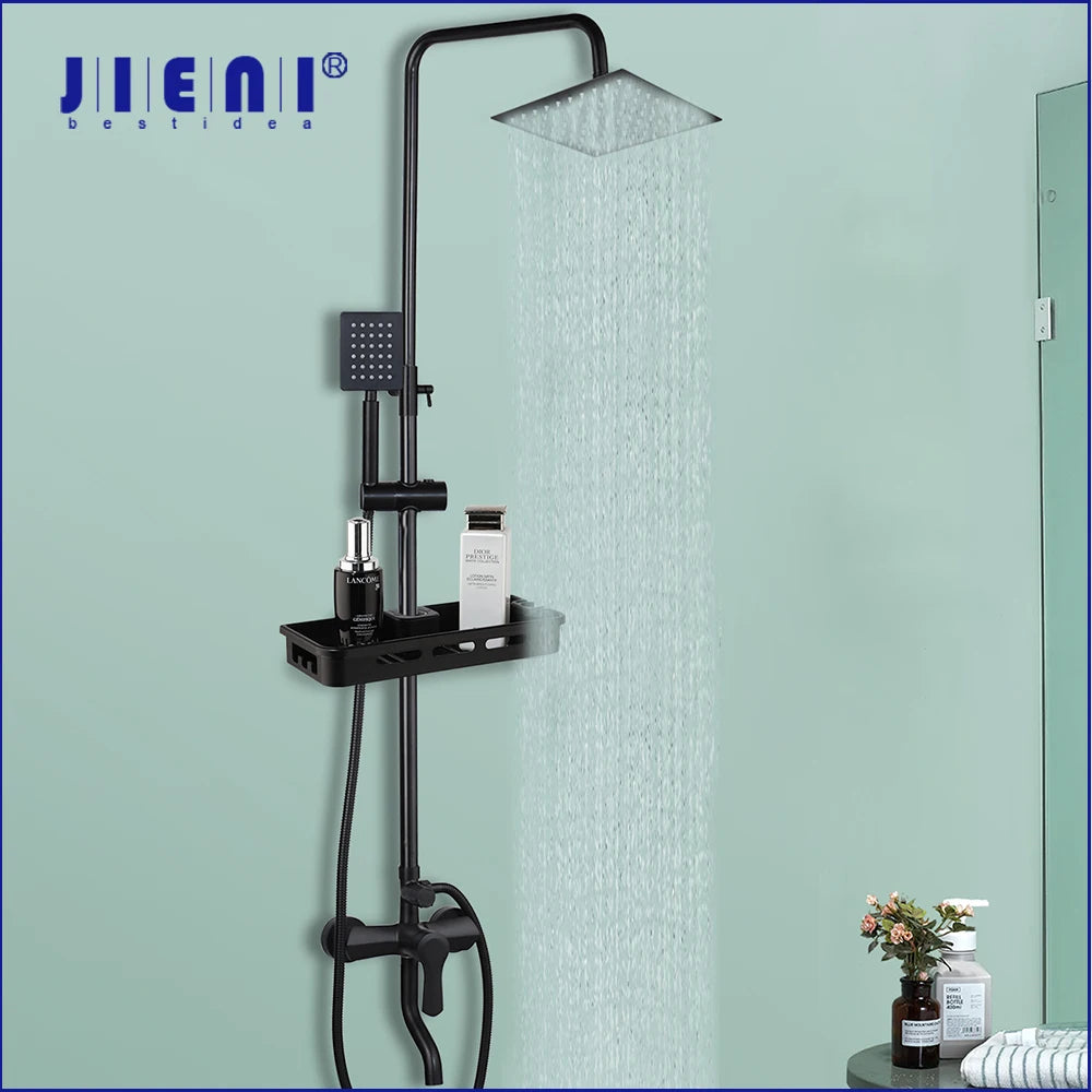 JIENI Matte Black Rainfall Shower Faucet Set Paint Black Bathtub Shower Mixer Faucet & Wall Mounted Hand Shower Mixer Faucet Set