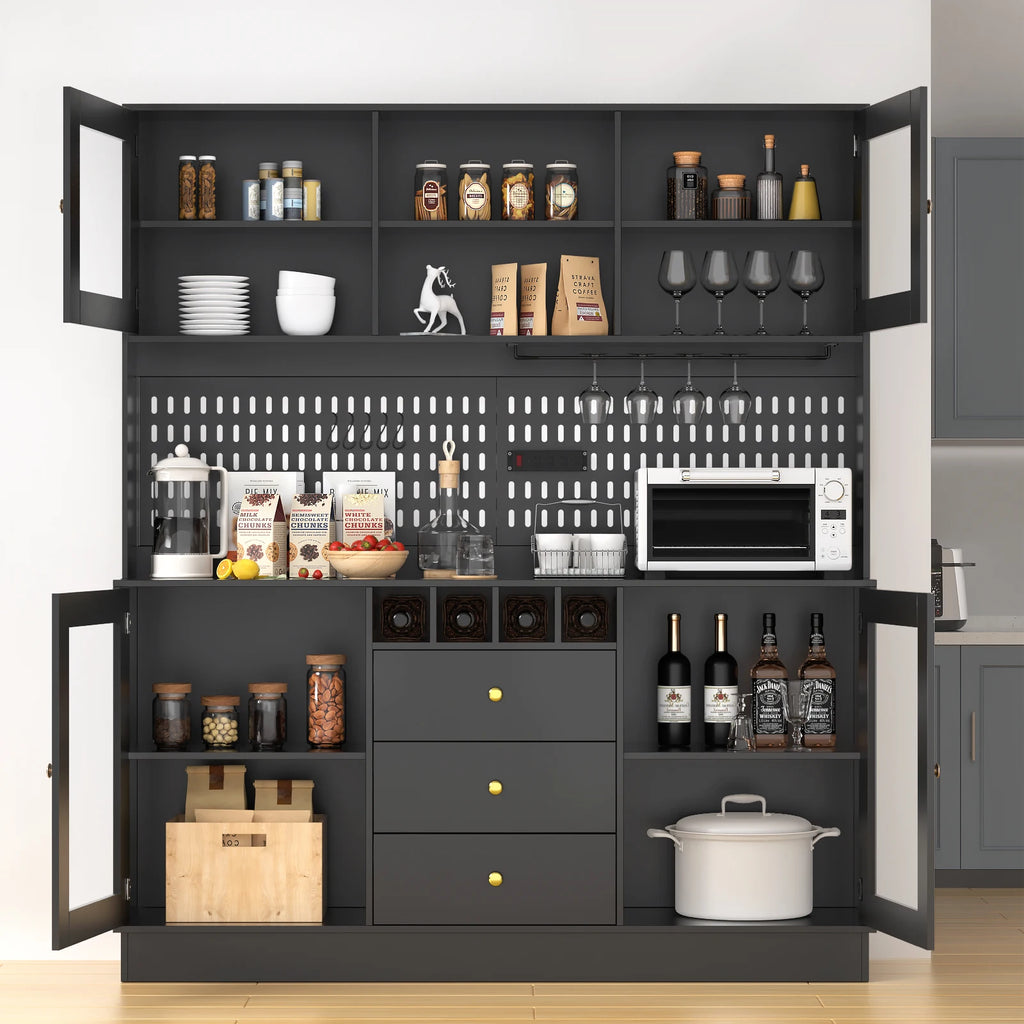 Pantry Cabinet, Kitchen Storage Cabinet, Freestanding Buffet Hutch with Pegboard, Cup Holder, Power Outlet, Black