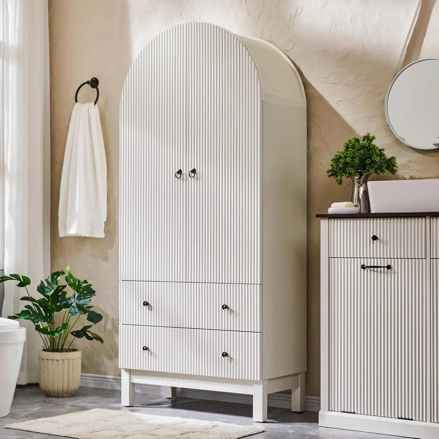 Tall Arched Bathroom Storage Cabinet, Modern Fluted Cabinet Storage with Shlves and 2Drawers, Floor Cabinet for Bathroom Living
