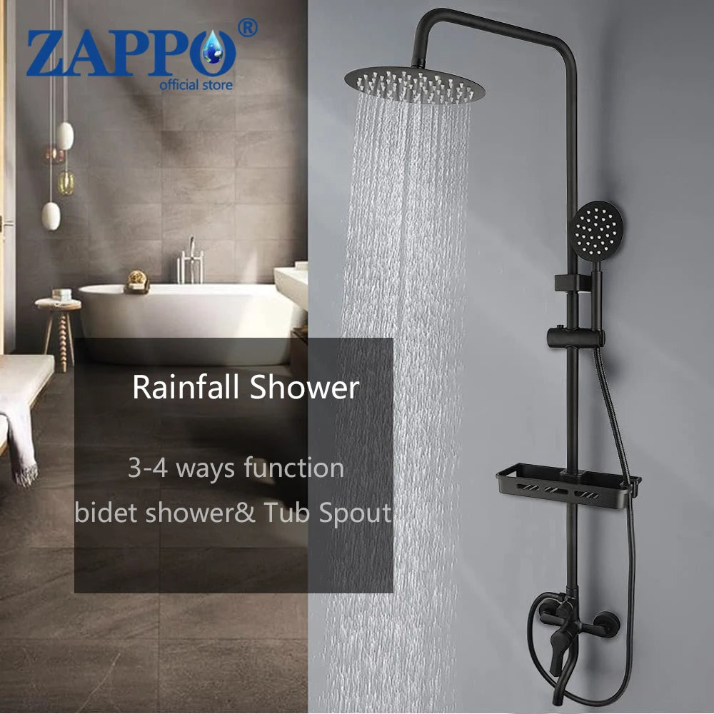 ZAPPO Matte Black Bathroom Shower Set 8 inch Rainfall Shower Head Wall Mounted 3-4 Function Rainfall Shower System & ABS Shelf