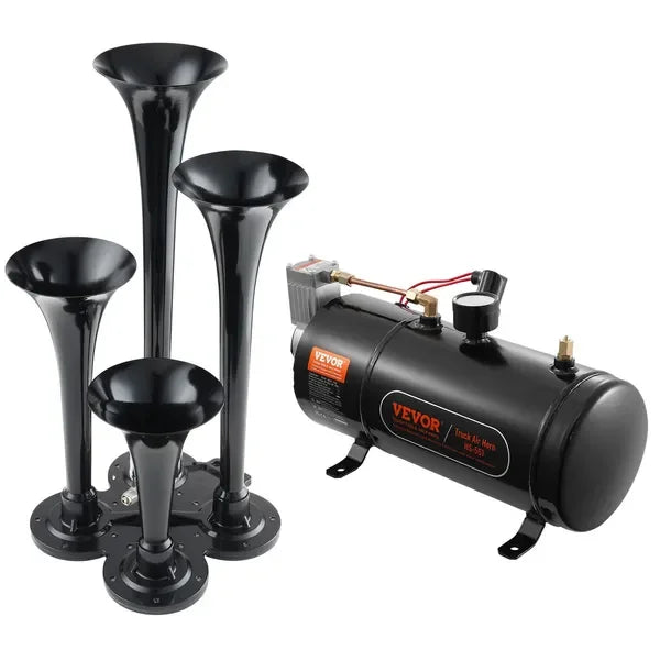 VEVOR Train Horns Kit, 4 Trumpet Air Horn Kit, 150dB Train Horns for Pickup Trucks, 12V 120 psi Air Compressor 0.8 Gal/3 L Tank
