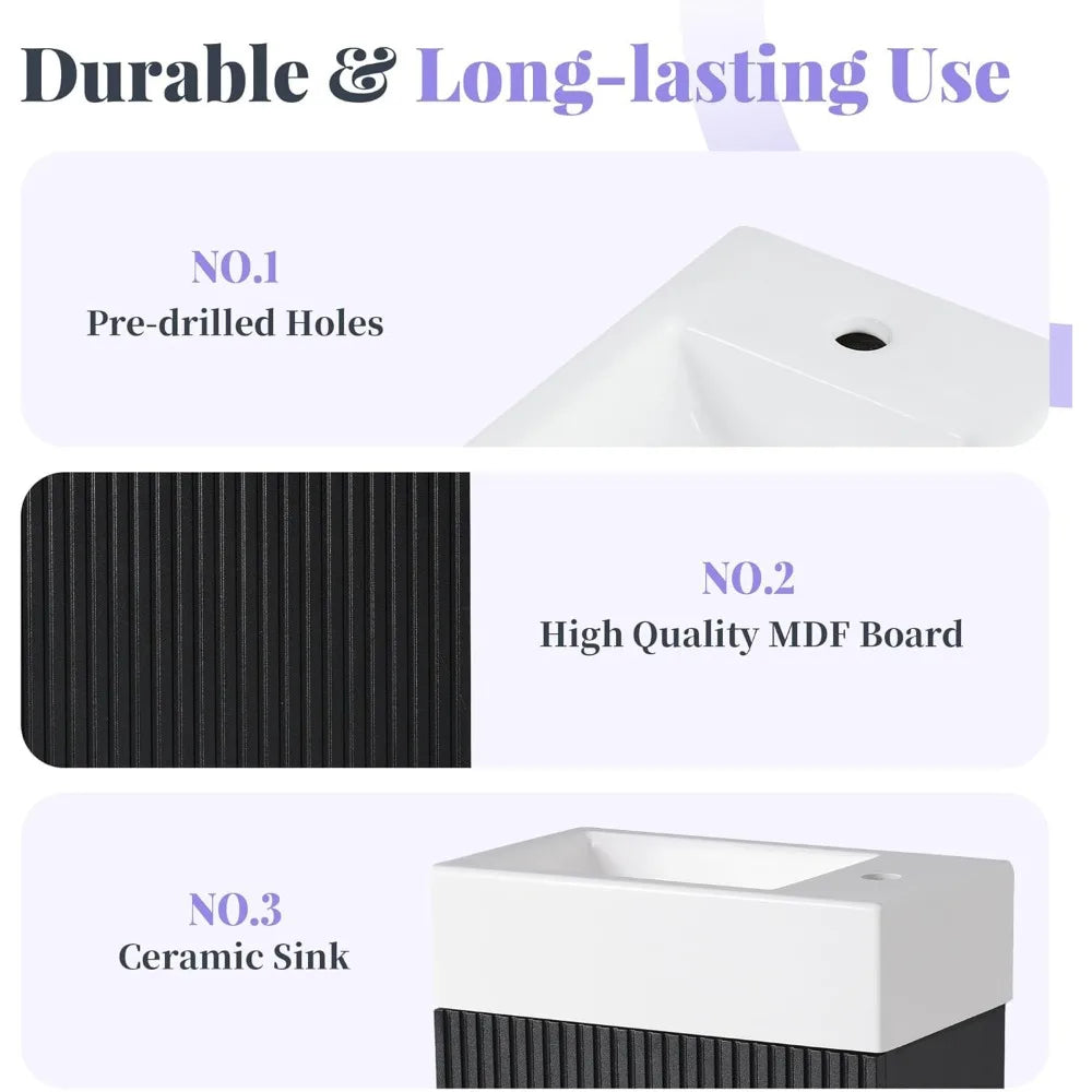 compact 18.6" wooden bathroom vanity with integrated sink, toilet paper holder, and single door storage cabinet