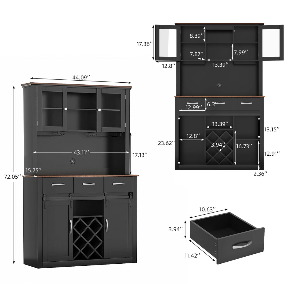 VOWNER 72" Tall Farmhouse Bar Cabinet with Sliding Barn Doors, Kitchen Pantry Storage Cabinet with Wine & Glass Racks