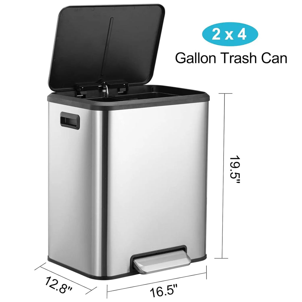 Dual Trash Can, Stainless Steel 2 x 4 Gal (2 x 15L) Garbage Can, Steel Pedal Recycle Bin with Lid and Inner Buckets, Rectangular