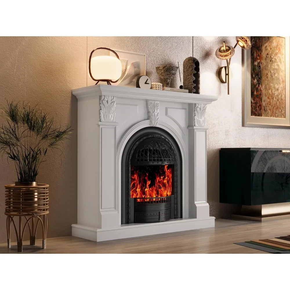 48 Electric Fireplace with Mantel, Tv Stand with Black Birdcage Fire Place Heater and Carved Square Column Design