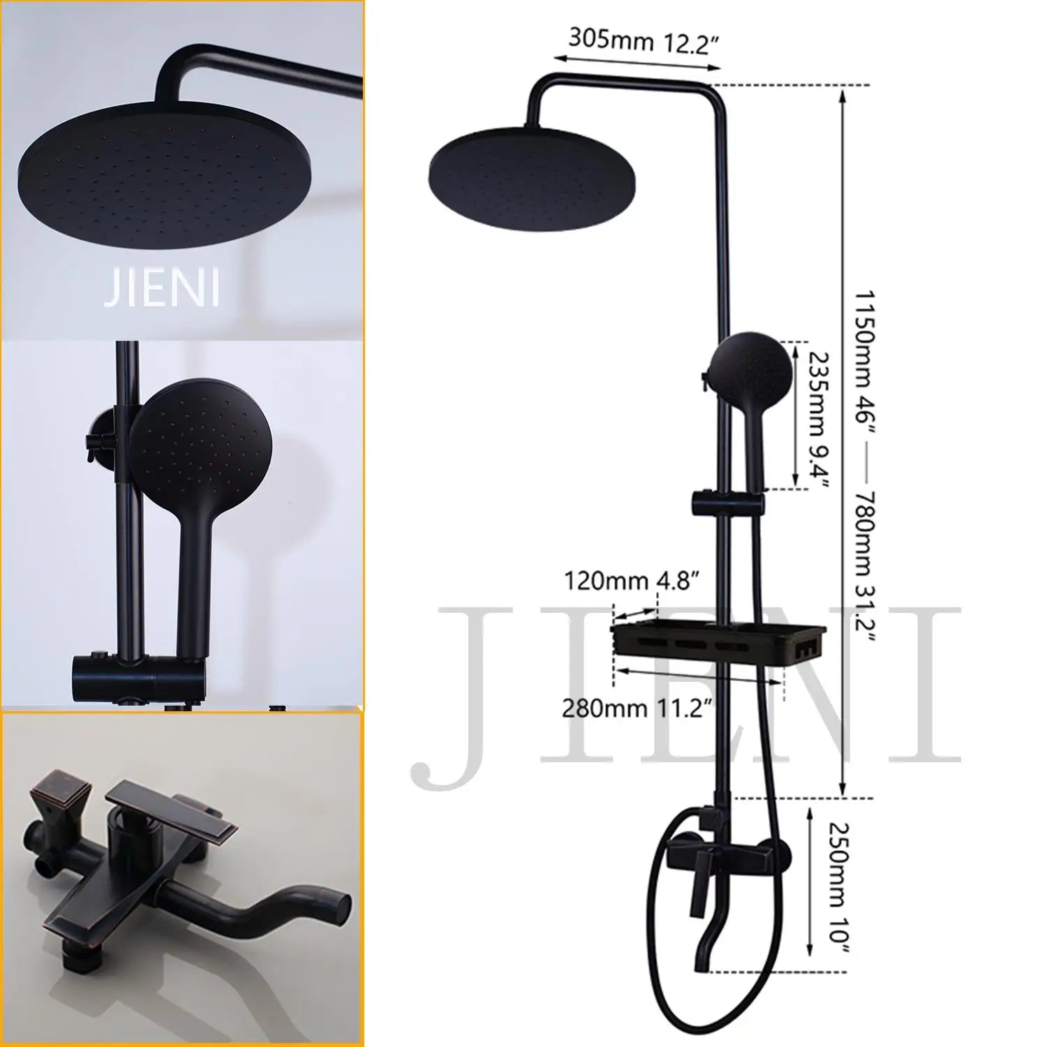 JIENI Matte Black Rainfall Shower Faucet Set Paint Black Bathtub Shower Mixer Faucet & Wall Mounted Hand Shower Mixer Faucet Set