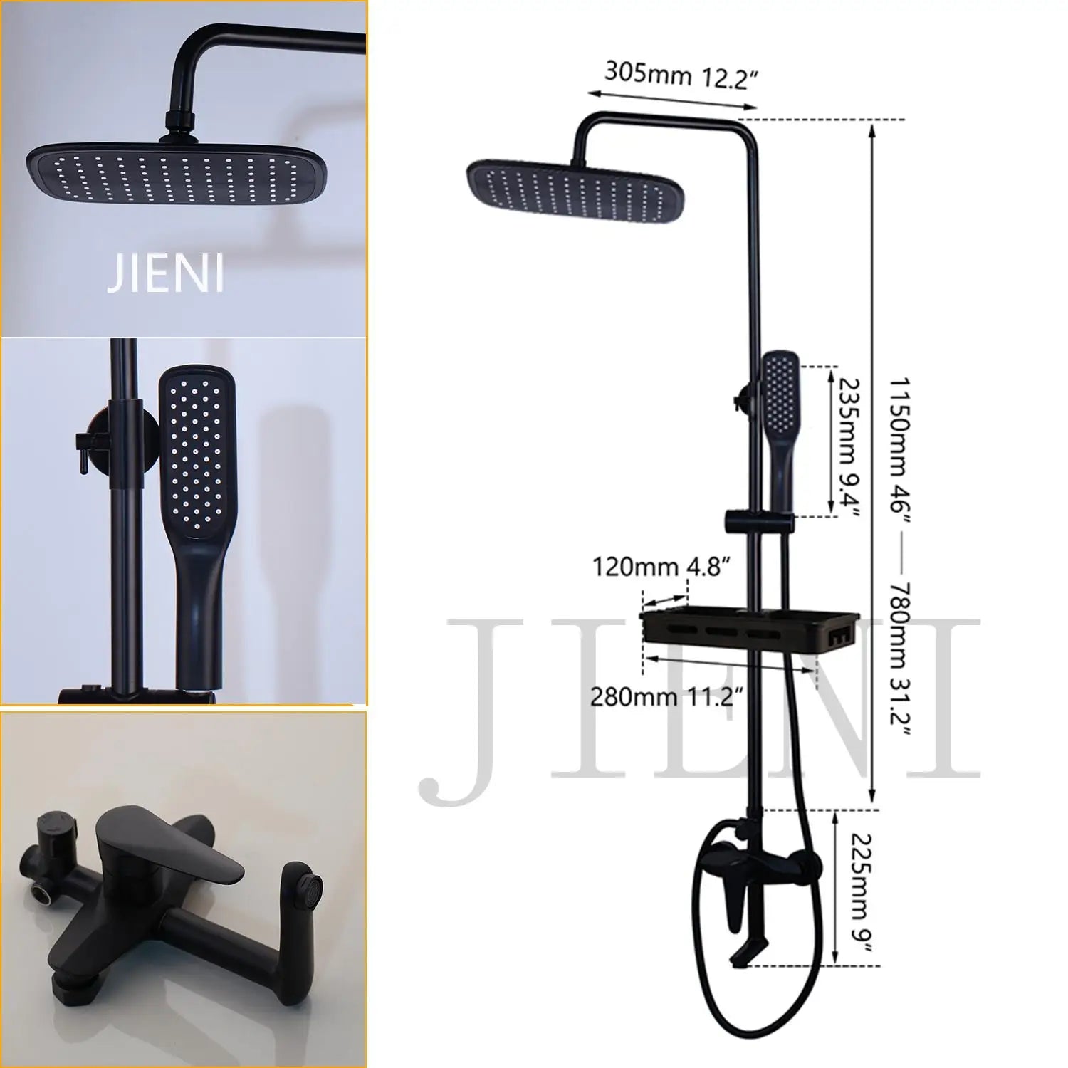 JIENI Matte Black Rainfall Shower Faucet Set Paint Black Bathtub Shower Mixer Faucet & Wall Mounted Hand Shower Mixer Faucet Set