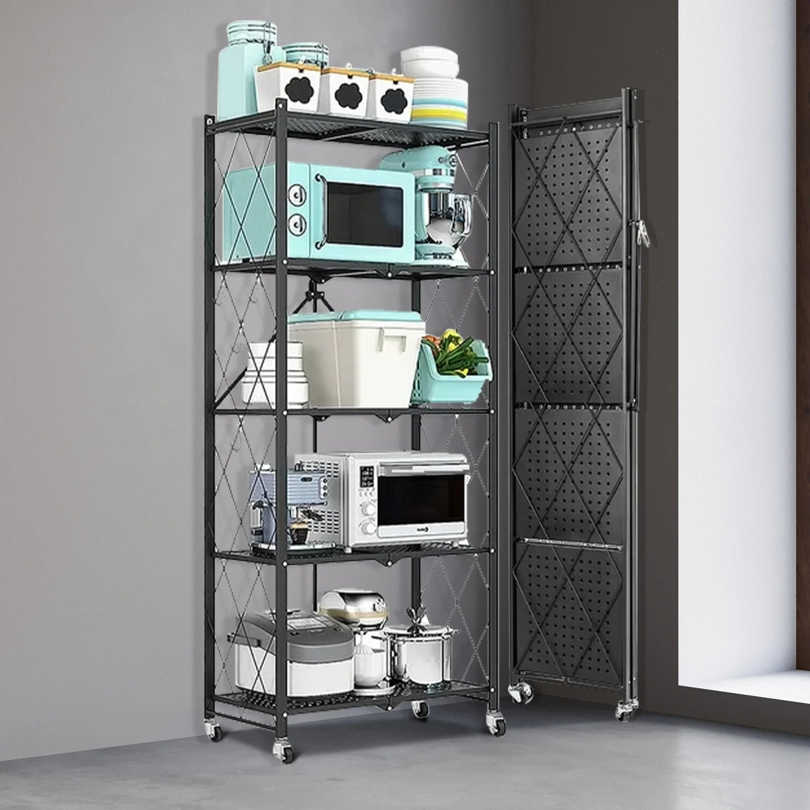 Storage Shelving 5-Tier With Wheel Unit Metal Shelf Adjustable Heavy Duty Foldable Organizer Rack for Home Kitchen Office Pantry