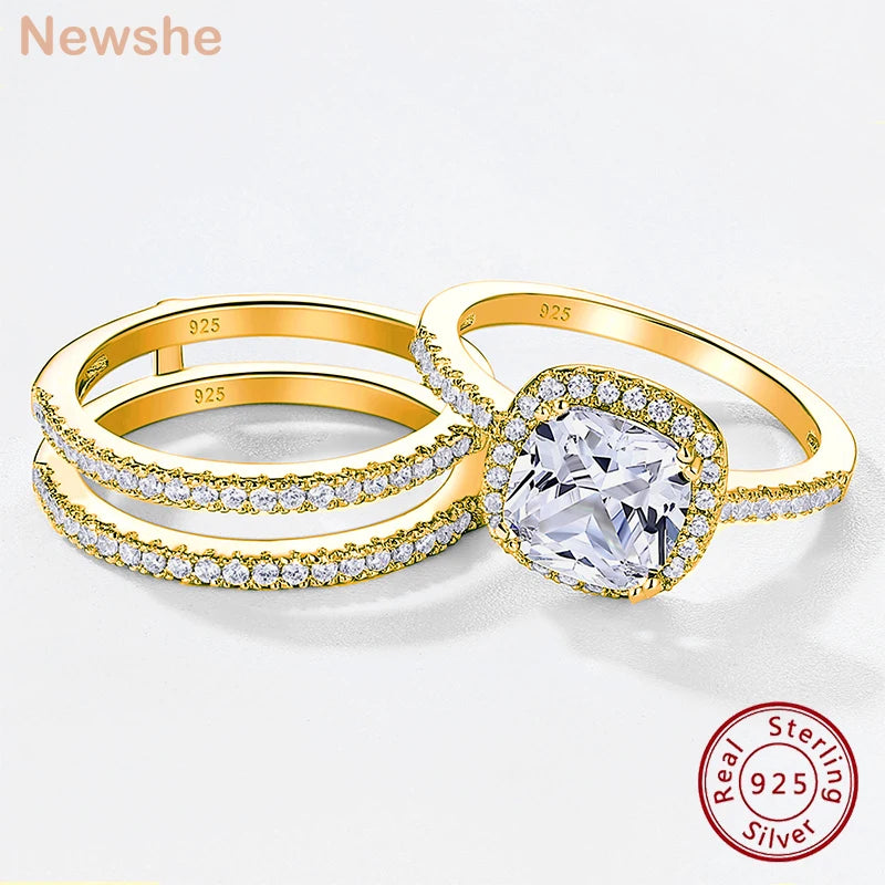 Newshe 925 Sterling Silver Rose Yellow K Gold Engagement Rings Set for Women Halo Cushion AAAAA CZ Guard Wedding Bands Enhancer