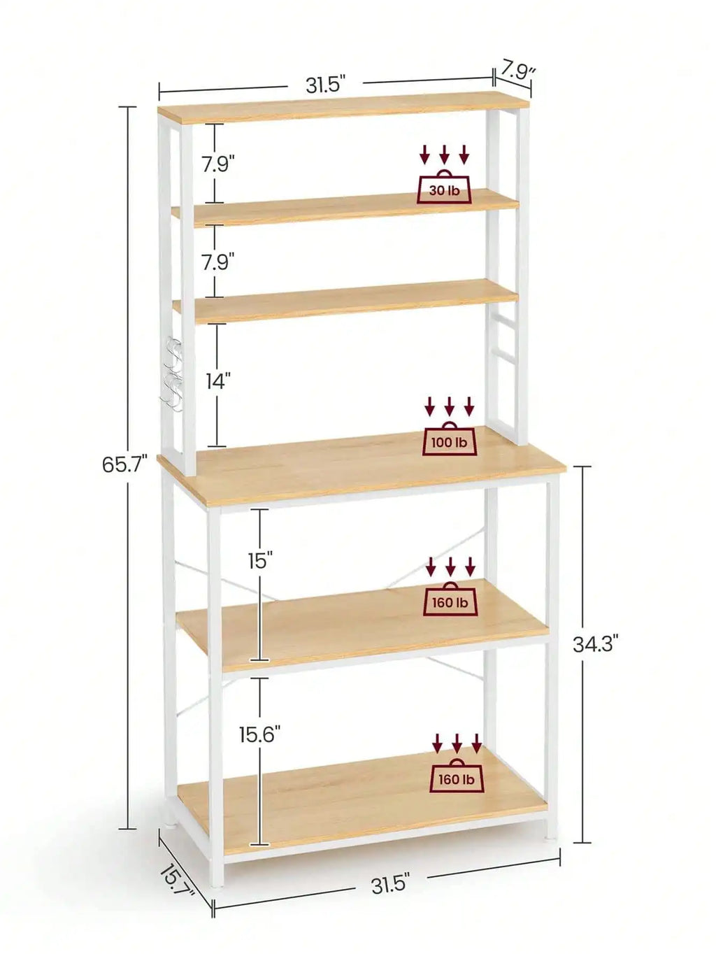 VASAGLE Baker's Rack, Microwave Oven Stand, Kitchen Tall Utility Storage Shelf, 6 Hooks And Metal Frame, Industrial