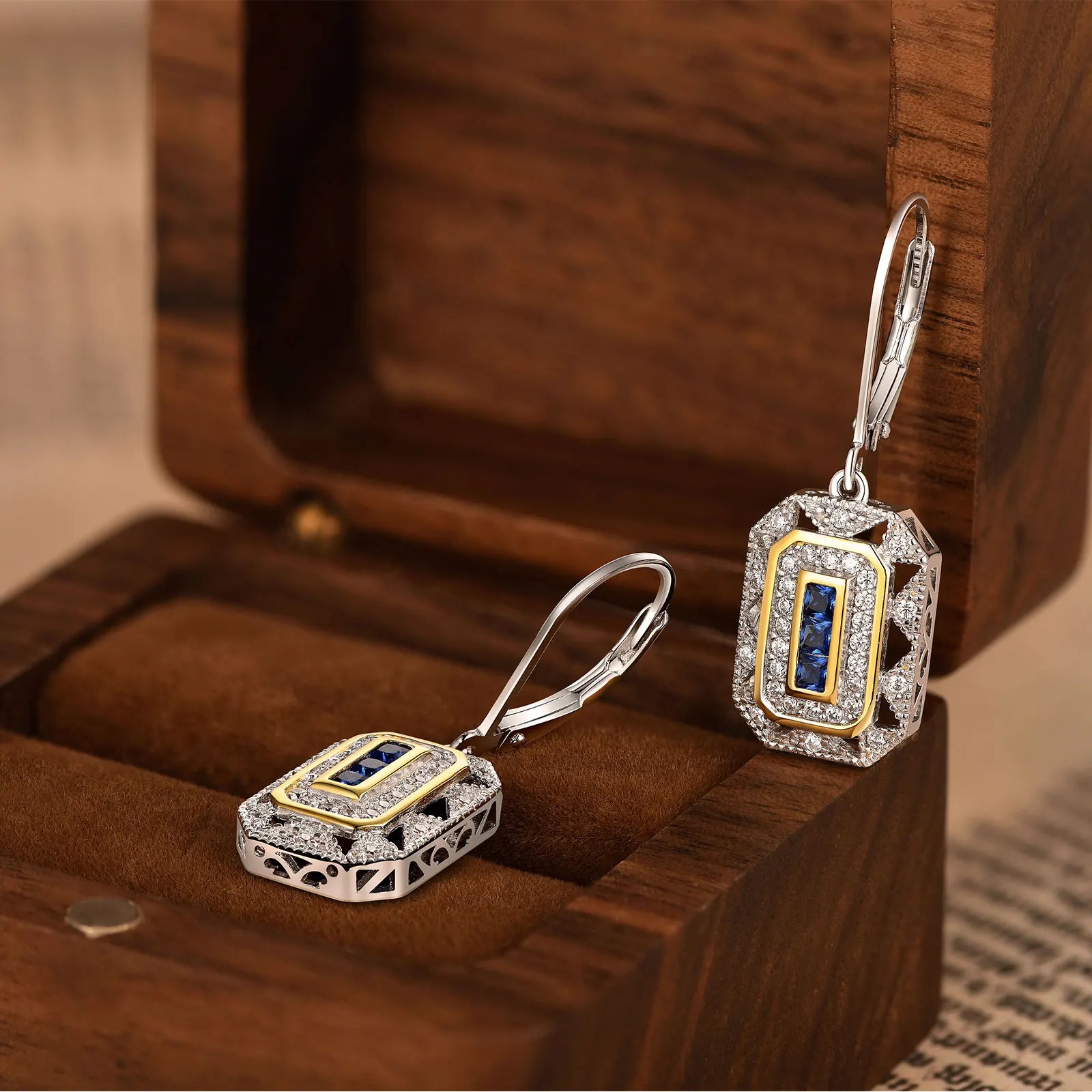 Newshe Solid 925 Sterling Silver K Gold Dangle Drop Earrings for Women Sapphire White AAAAA CZ Vintage Jewelry JE1581