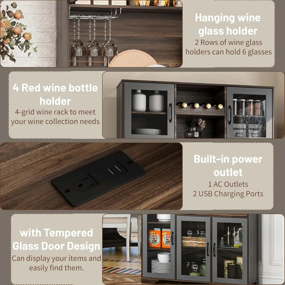 Pantry Cabinet, 71" Tall Coffee Bar Liquor Cabinet with Power Outlet & LED Lights, Kitchen Hutch Food Pantry with Microwave Stan