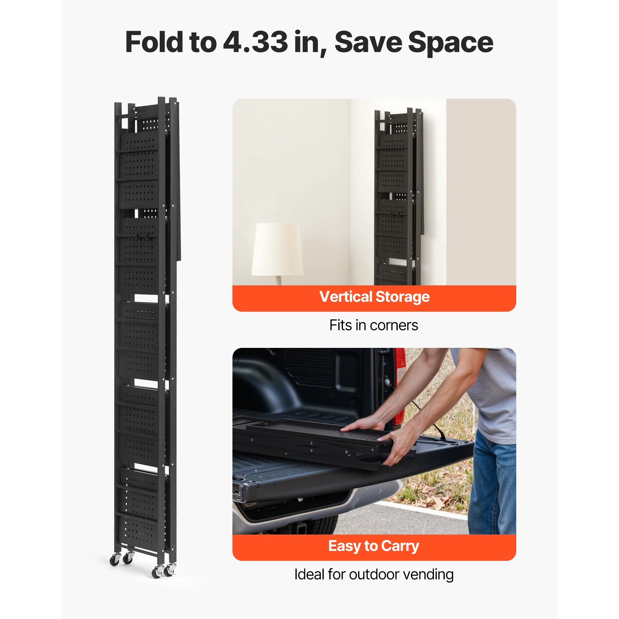 SucceBuy 6/5/4/3 Tier Black Foldable Storage Shelf with Wheels Folding Metal Rack Shelving Unit Organizer for Garage Kitchen