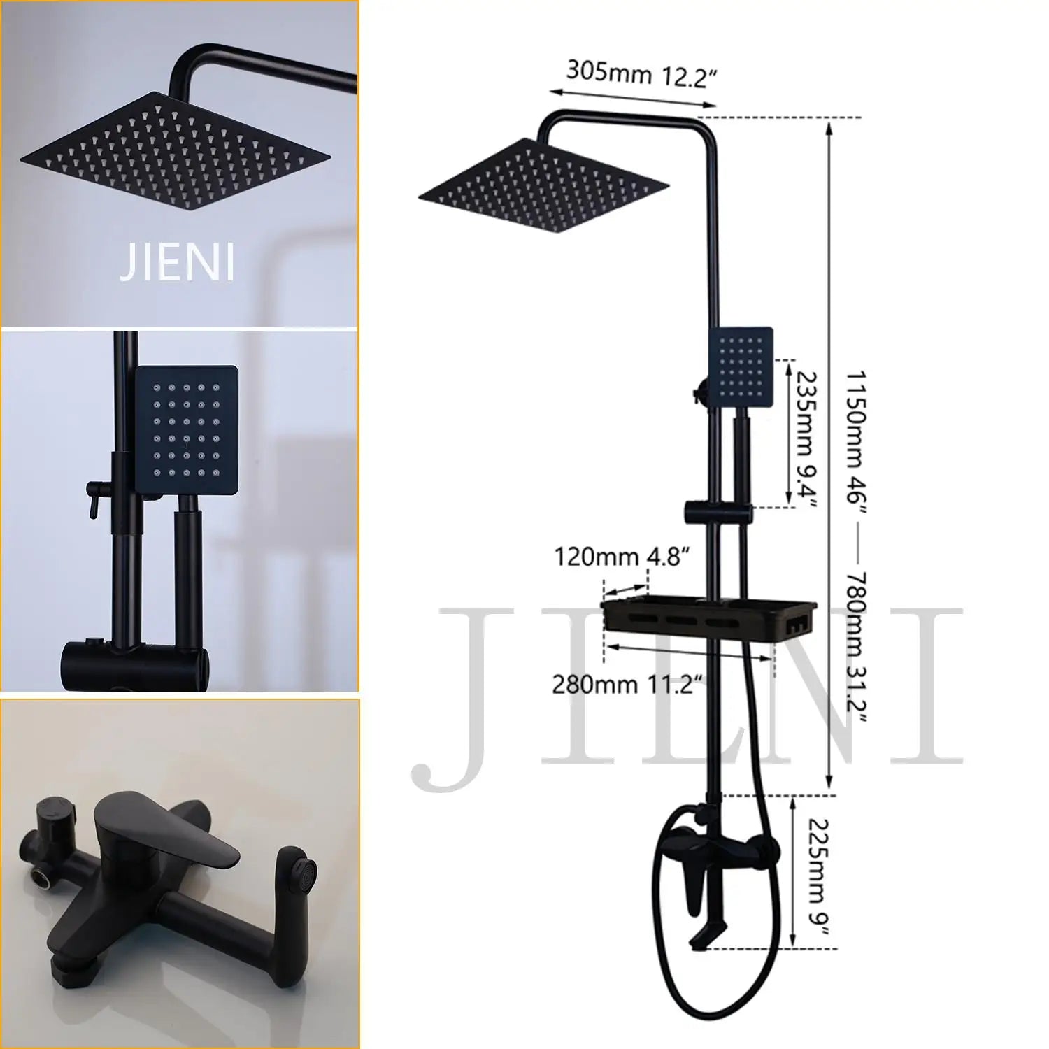 JIENI Matte Black Rainfall Shower Faucet Set Paint Black Bathtub Shower Mixer Faucet & Wall Mounted Hand Shower Mixer Faucet Set