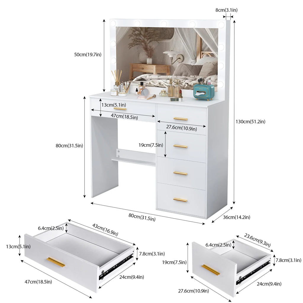 White Dressing Table with Large Hollywood Mirror 11 LED Bulbs Makeup Desk Vanity