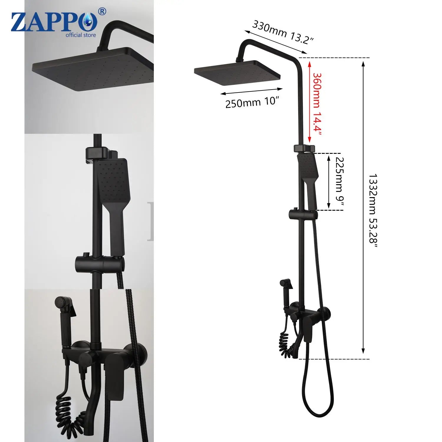 ZAPPO Matte Black Bathroom Shower Set 8 inch Rainfall Shower Head Wall Mounted 3-4 Function Rainfall Shower System & ABS Shelf