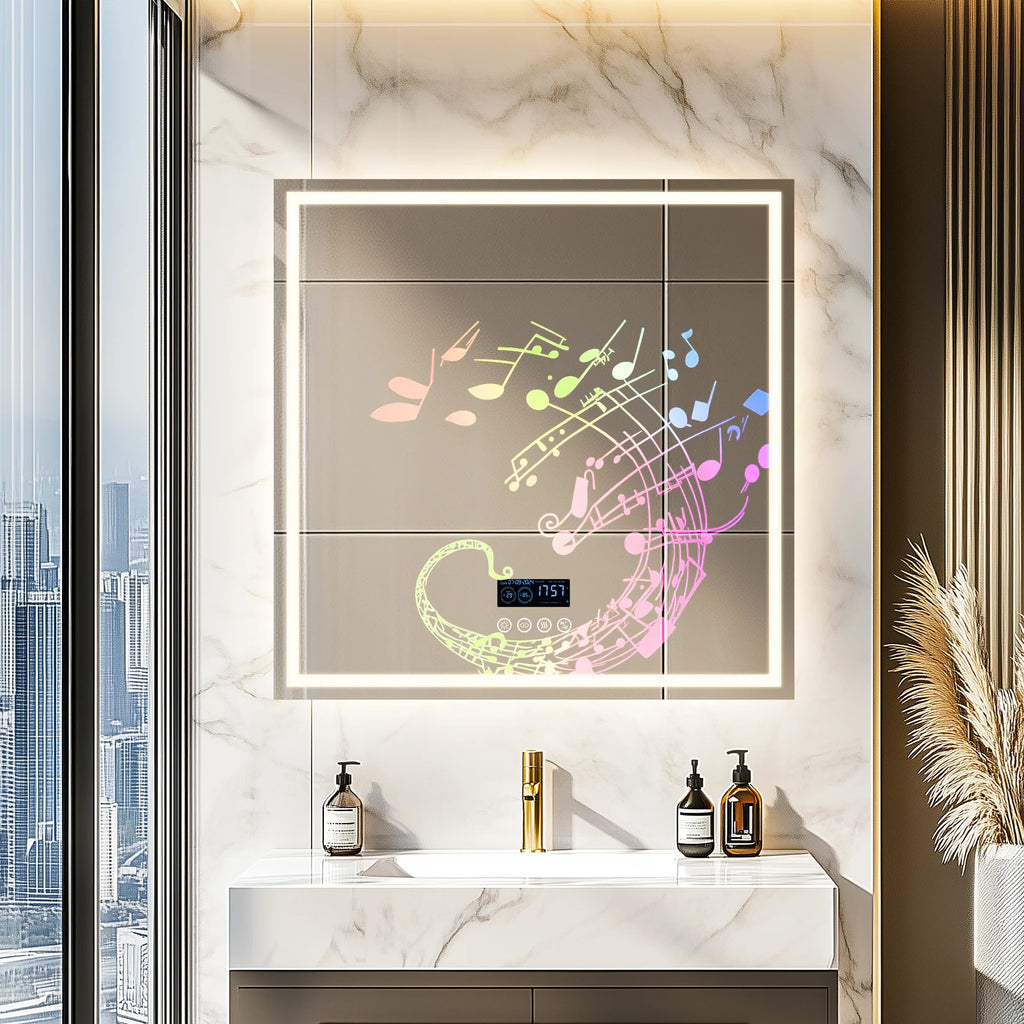 LED Bathroom Mirror 800mm Square Wall Mirror with Bluetooth Time Temperature Display 3 Colours Front+Backlit Anti-fog Memory