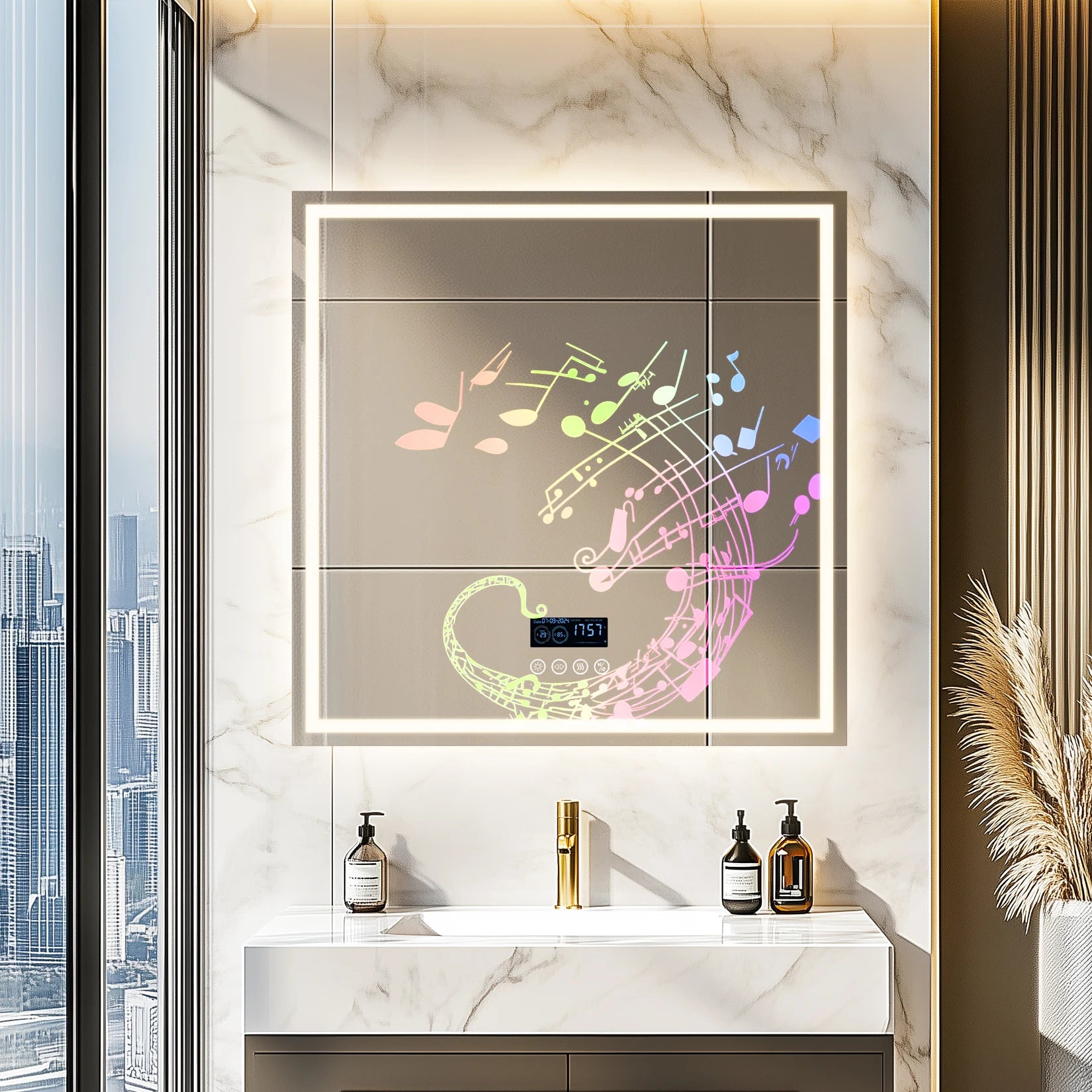 LED Bathroom Mirror 800mm Square Wall Mirror with Bluetooth Time Temperature Display 3 Colours Front+Backlit Anti-fog Memory