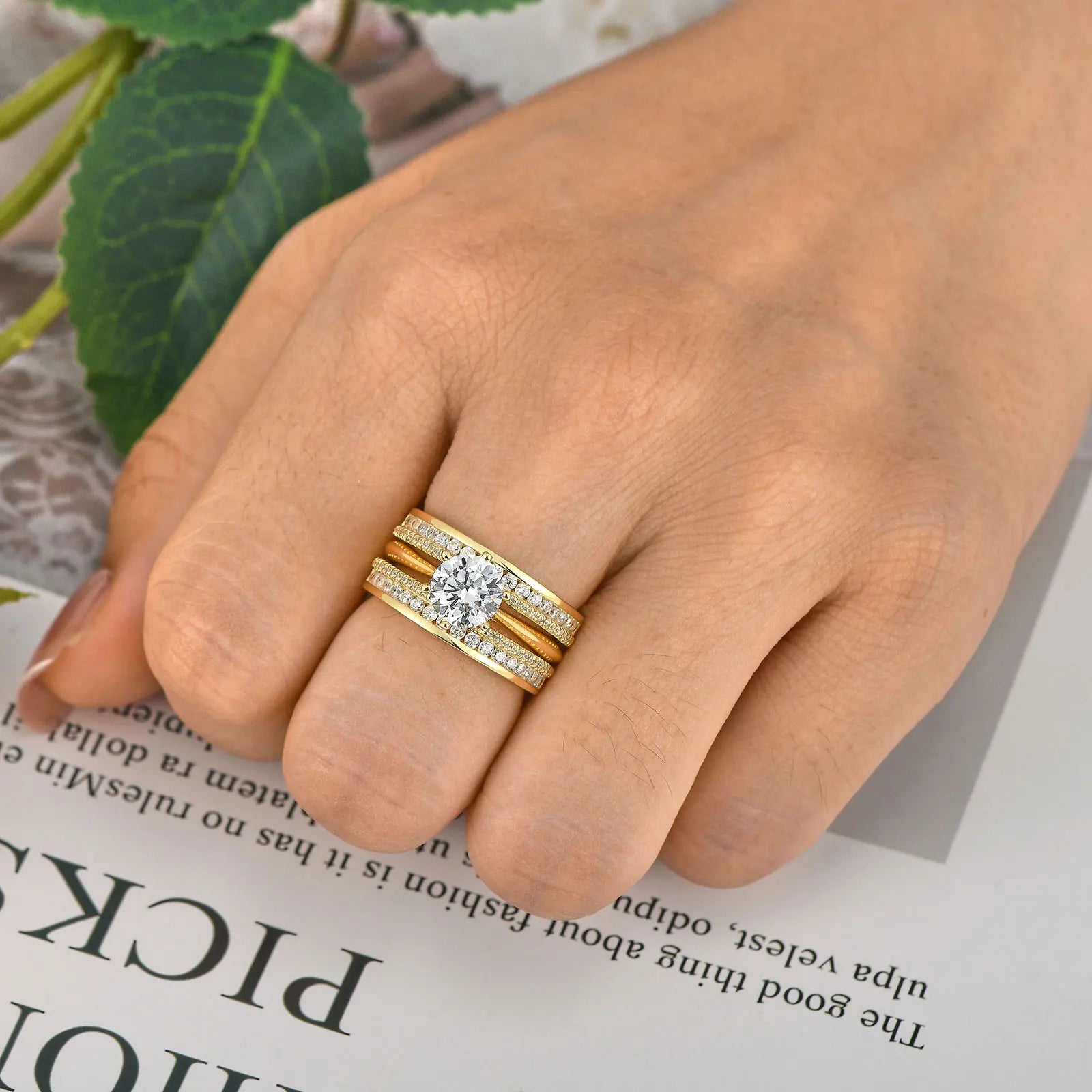 Newshe 925 Sterling Silver Yellow K Gold Rings for Women Round AAAAA Cubic Zircon Engagement Ring Enhancer Bridal Set Jewelry