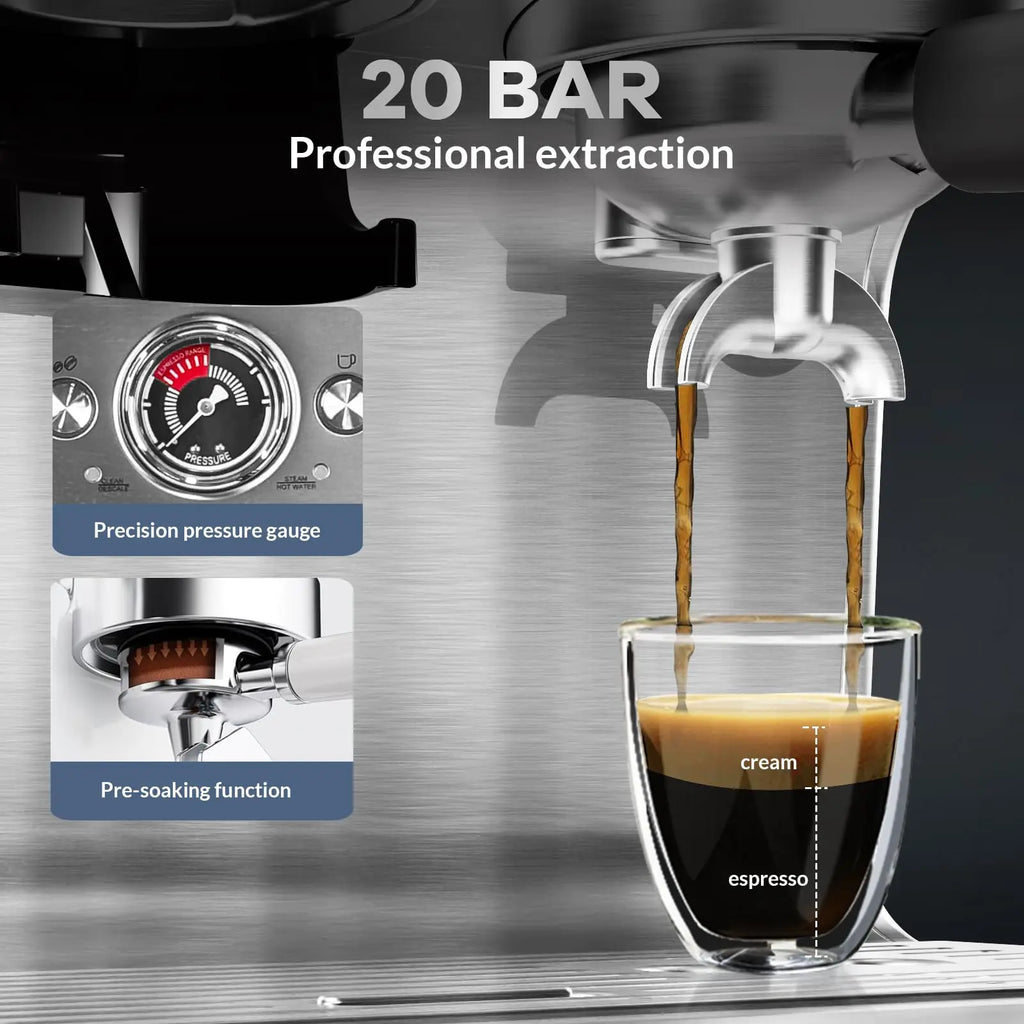 Espresso Coffee Maker With Grinder, 20 Bar Stainless Steel Professional Espresso Coffee Maker With Milk Frother, 2.8L Water Tank