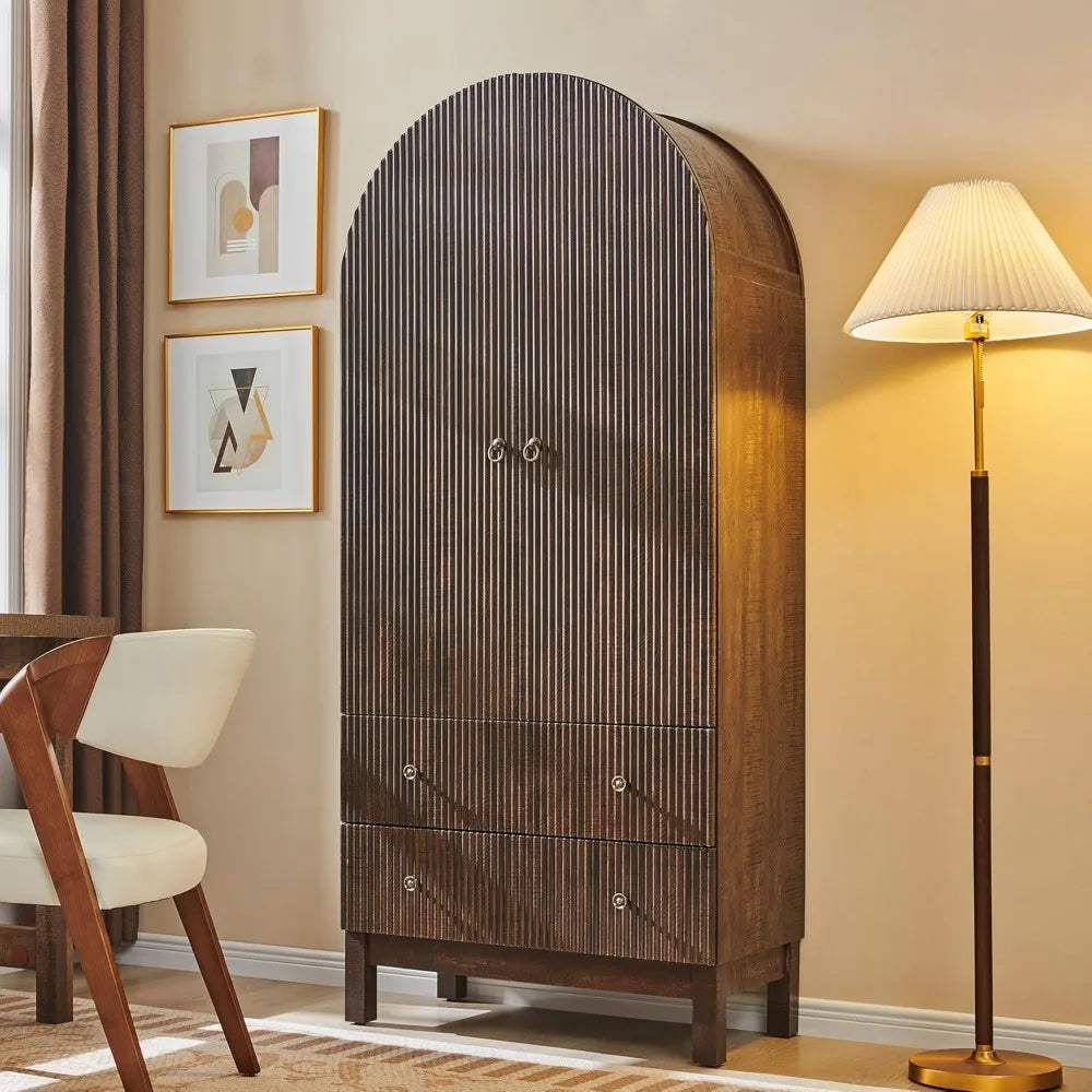 Tall Arched Bathroom Storage Cabinet, Modern Fluted Cabinet Storage with Shlves and 2Drawers, Floor Cabinet for Bathroom Living