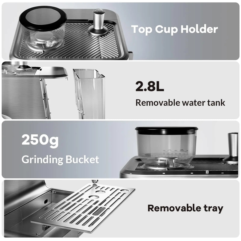 Espresso Coffee Maker With Grinder, 20 Bar Stainless Steel Professional Espresso Coffee Maker With Milk Frother, 2.8L Water Tank