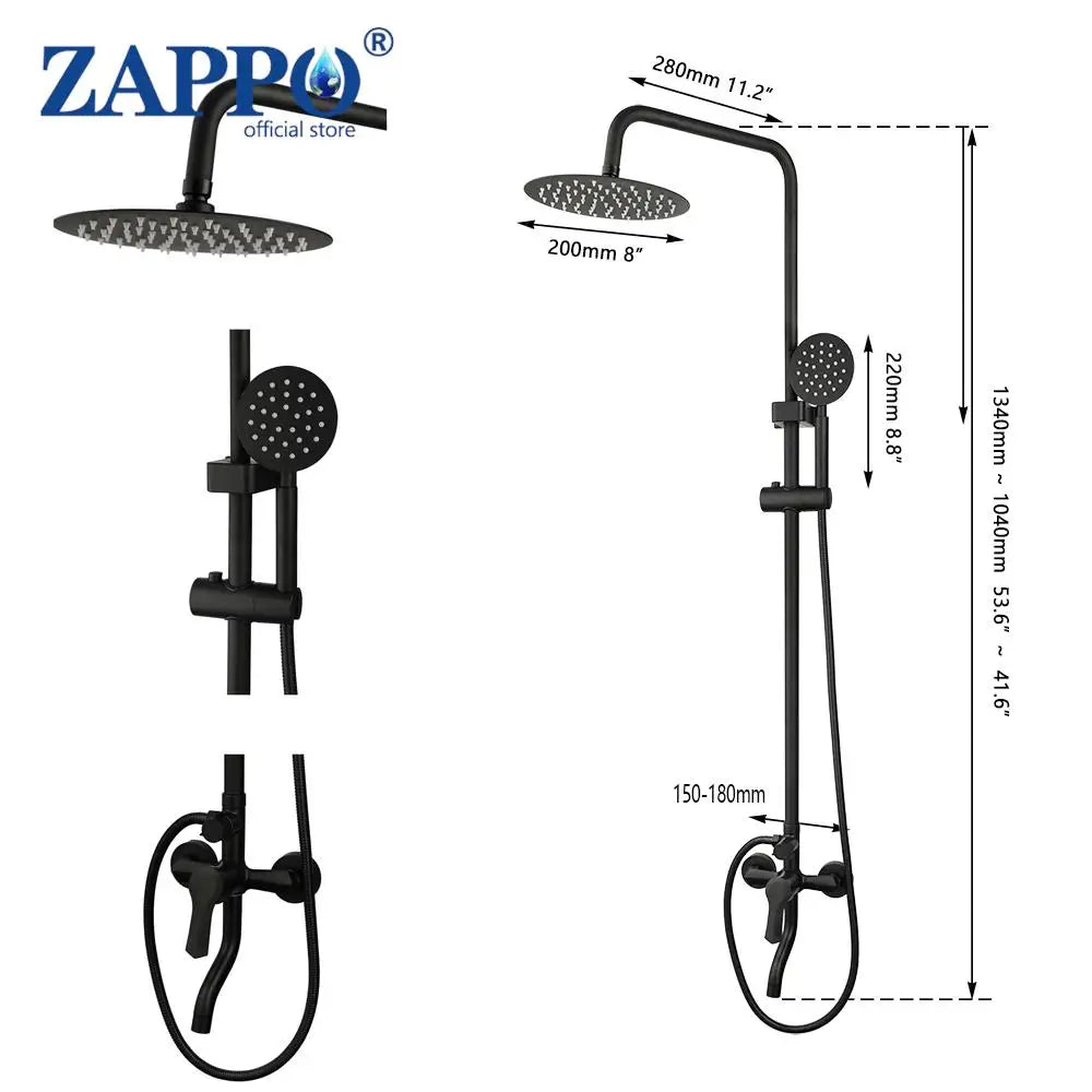 ZAPPO Matte Black Bathroom Shower Set 8 inch Rainfall Shower Head Wall Mounted 3-4 Function Rainfall Shower System & ABS Shelf