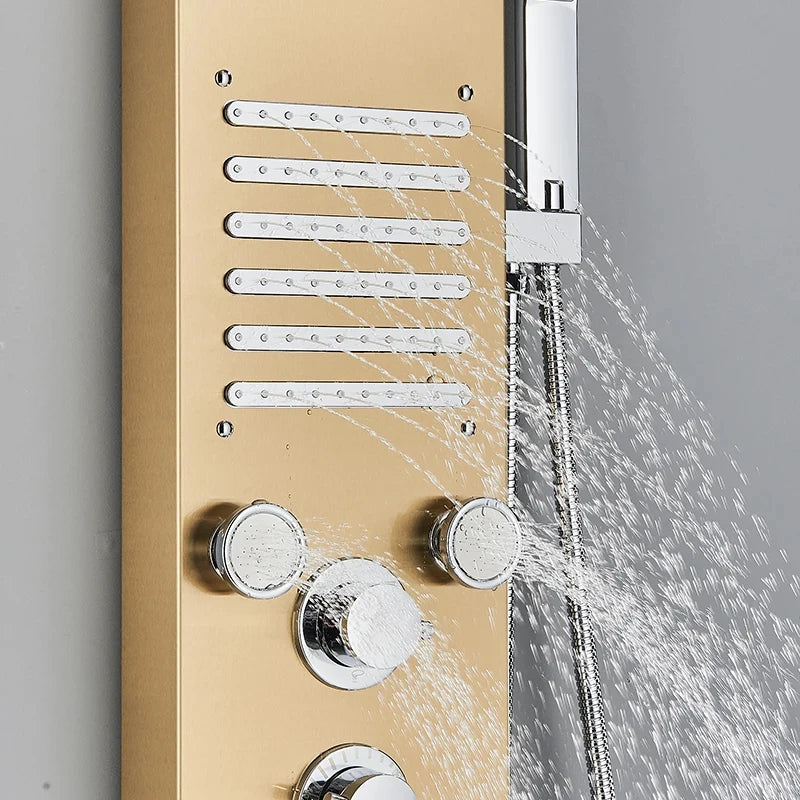 Golden Shower Panel LED Light Bathroom Bath Shower Column Tower Digital Screen Waterfall Rain shower Mixers Rotate Massage Jets