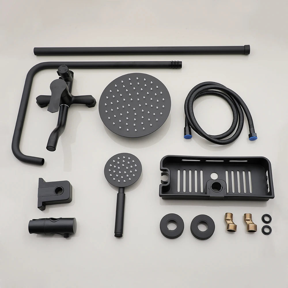 ZAPPO Matte Black Bathroom Shower Set 8 inch Rainfall Shower Head Wall Mounted 3-4 Function Rainfall Shower System & ABS Shelf