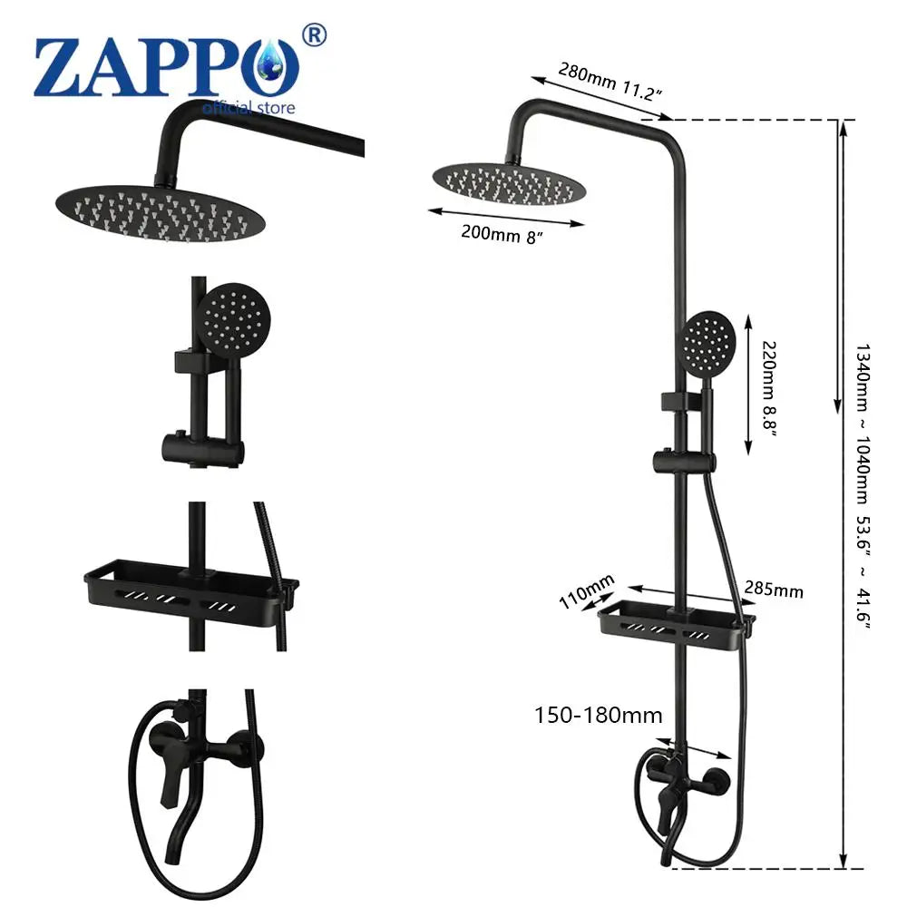 ZAPPO Matte Black Bathroom Shower Set 8 inch Rainfall Shower Head Wall Mounted 3-4 Function Rainfall Shower System & ABS Shelf