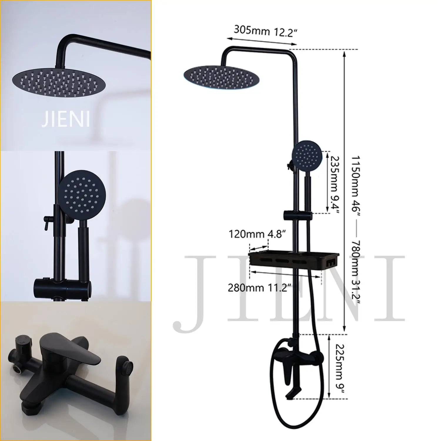 JIENI Matte Black Rainfall Shower Faucet Set Paint Black Bathtub Shower Mixer Faucet & Wall Mounted Hand Shower Mixer Faucet Set