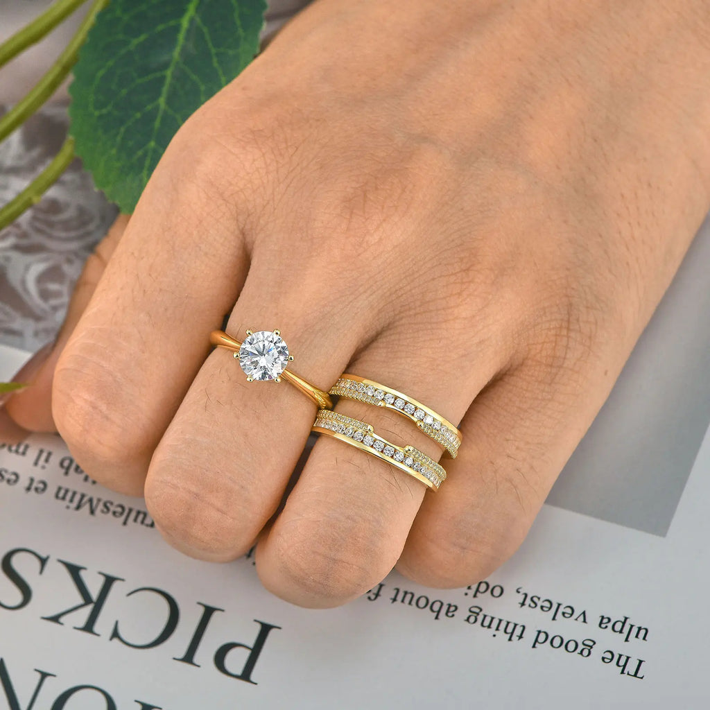 Newshe 925 Sterling Silver Yellow K Gold Rings for Women Round AAAAA Cubic Zircon Engagement Ring Enhancer Bridal Set Jewelry