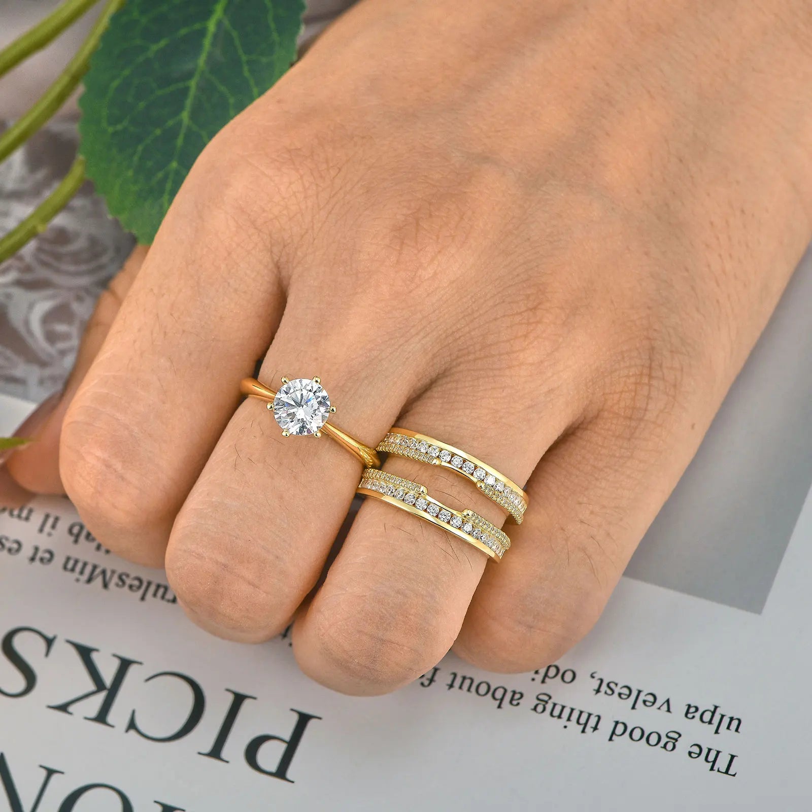 Newshe 925 Sterling Silver Yellow K Gold Rings for Women Round AAAAA Cubic Zircon Engagement Ring Enhancer Bridal Set Jewelry