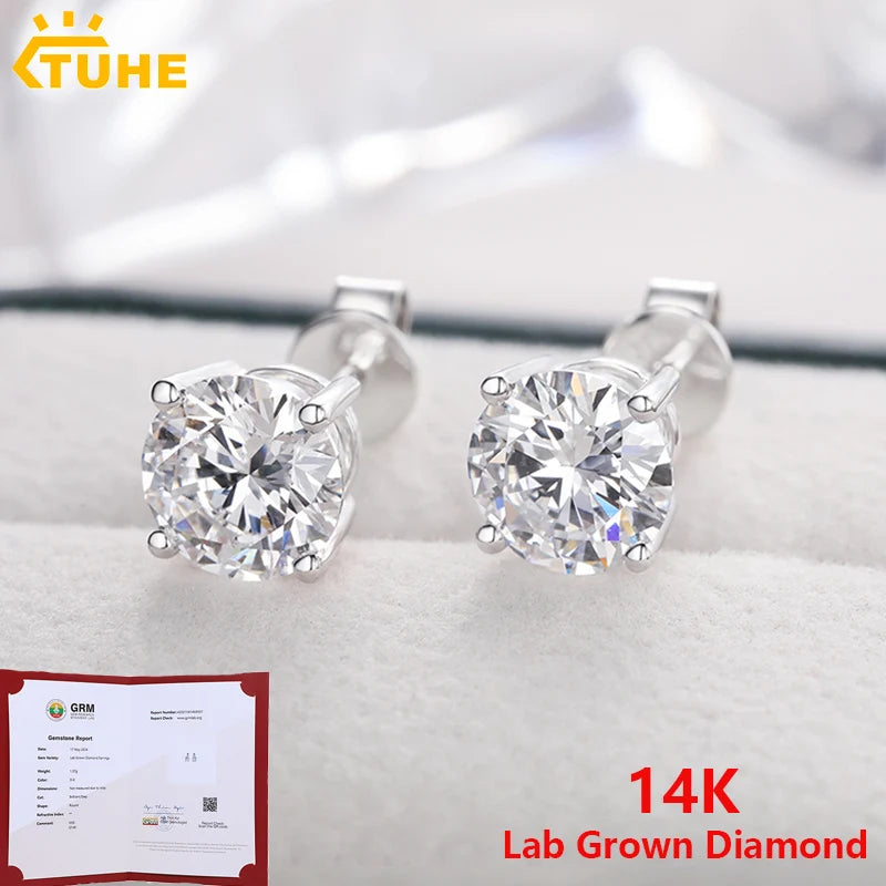 Classic 4 Claws Round Ear Studs For Women 1ct 2ct VVS Lab Grown Diamond 14K Real Gold Stud Earring Men Luxury Party Jewelry Gift