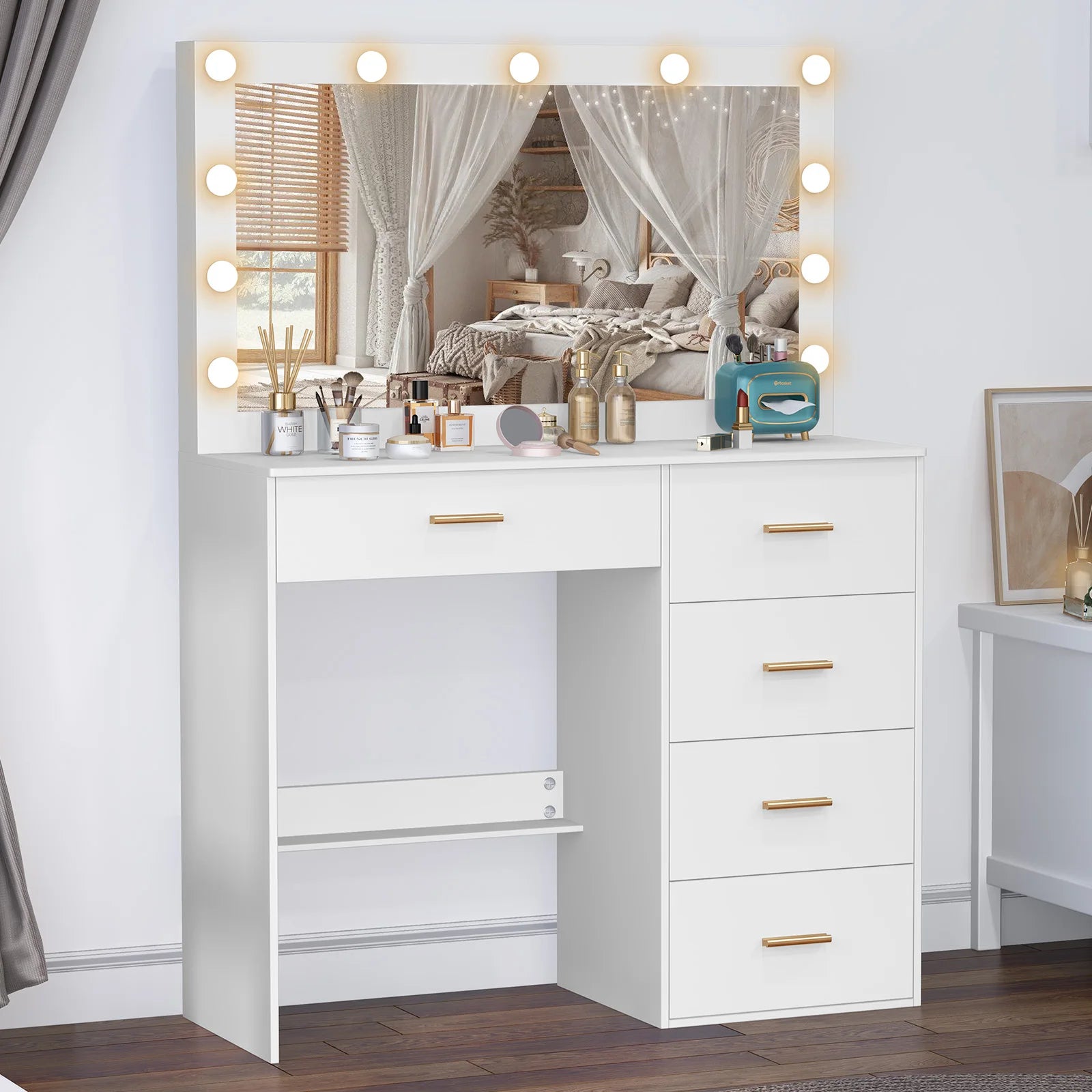 White Dressing Table with Large Hollywood Mirror 11 LED Bulbs Makeup Desk Vanity
