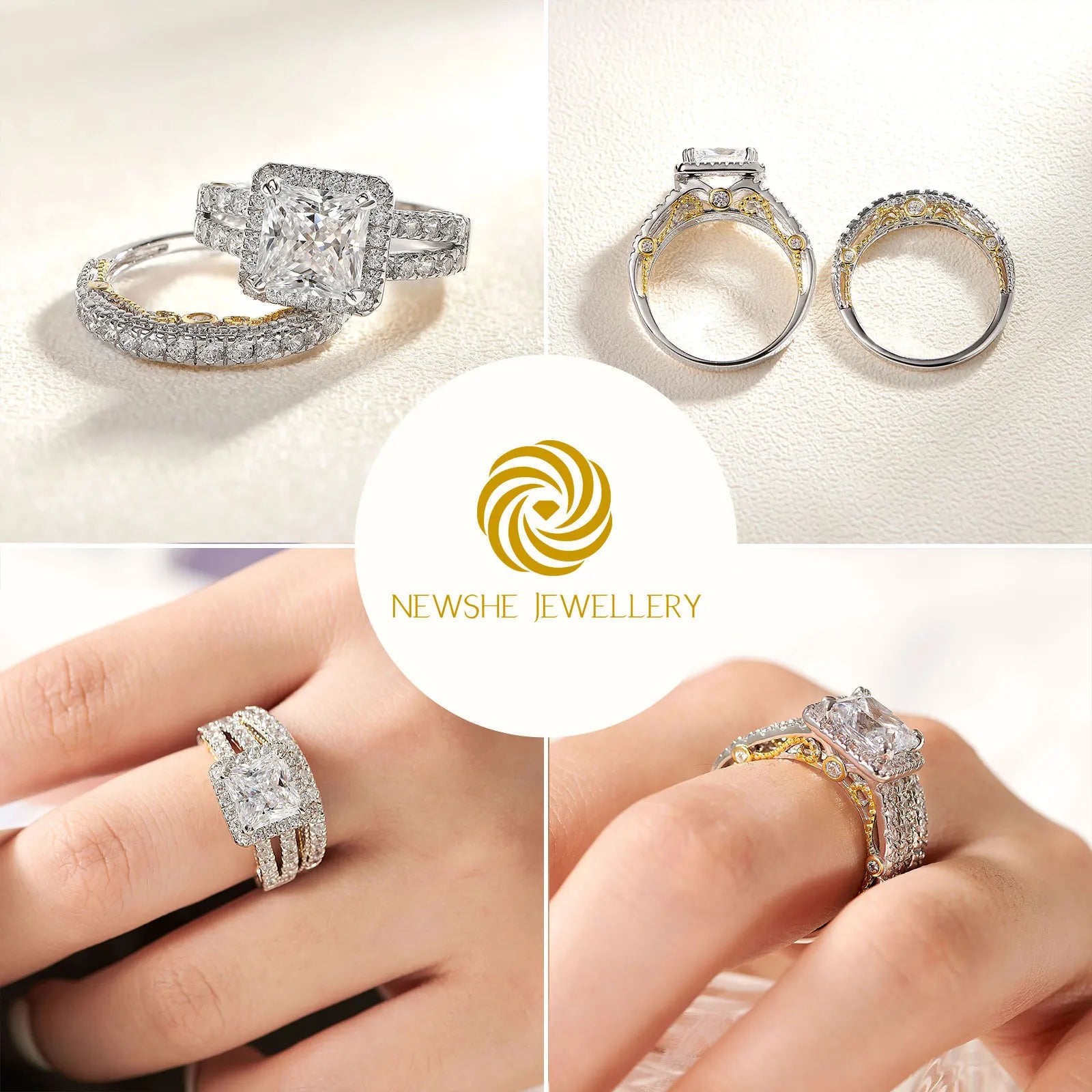 Newshe Original 925 Sterling Silver Rose Yellow K Gold Wedding Rings Set for Women Princess Cut AAAAA CZ Engagement Ring Jewelry