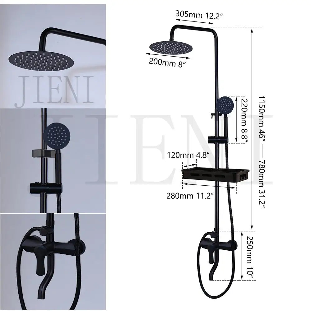 JIENI Matte Black Rainfall Shower Faucet Set Paint Black Bathtub Shower Mixer Faucet & Wall Mounted Hand Shower Mixer Faucet Set