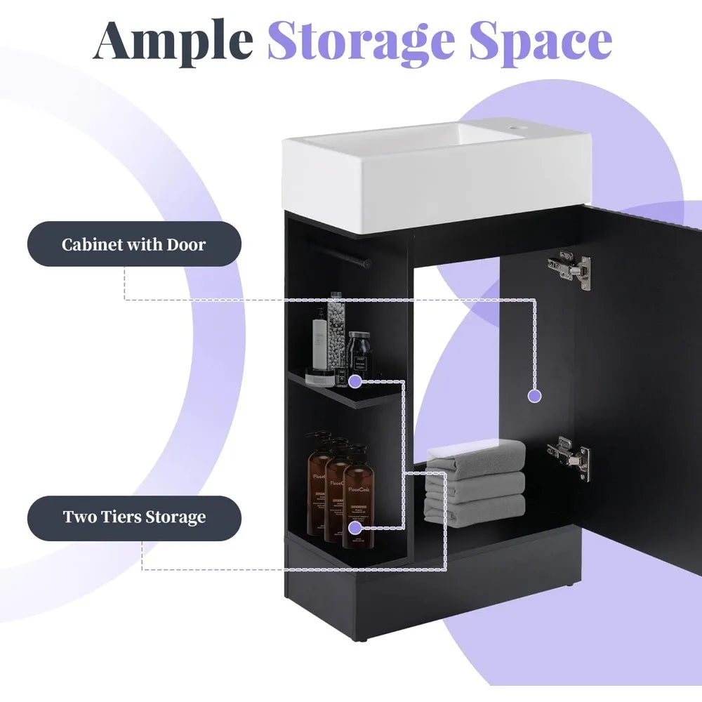 compact 18.6" wooden bathroom vanity with integrated sink, toilet paper holder, and single door storage cabinet