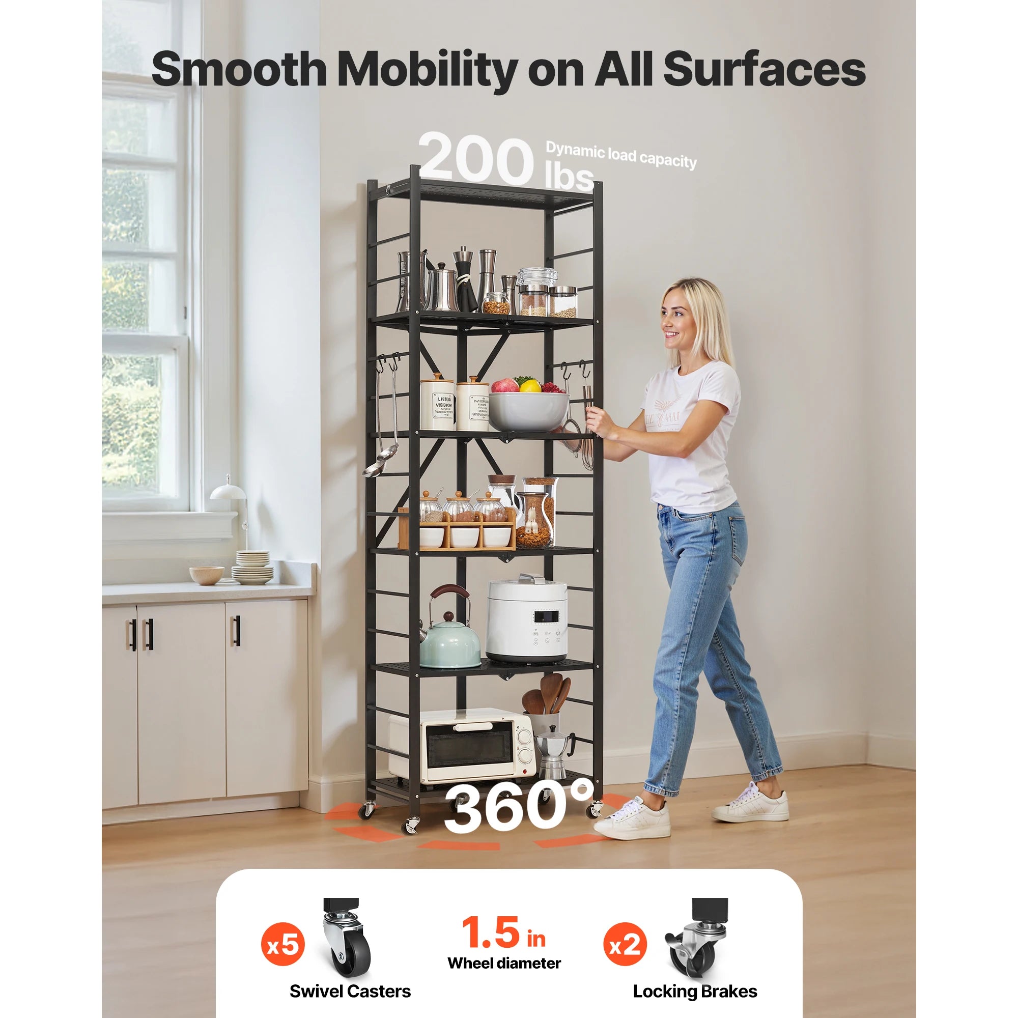 SucceBuy 6/5/4/3 Tier Black Foldable Storage Shelf with Wheels Folding Metal Rack Shelving Unit Organizer for Garage Kitchen