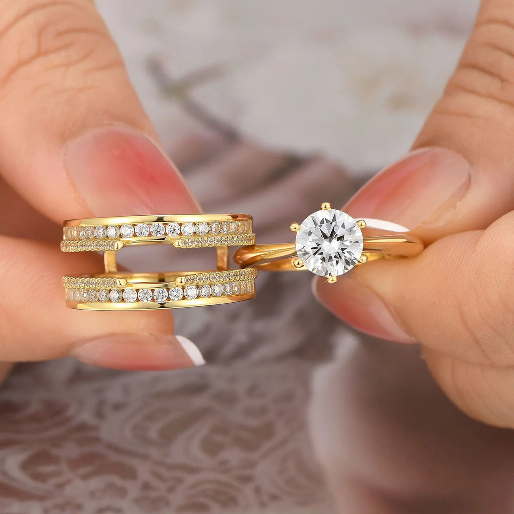 Newshe 925 Sterling Silver Yellow K Gold Rings for Women Round AAAAA Cubic Zircon Engagement Ring Enhancer Bridal Set Jewelry