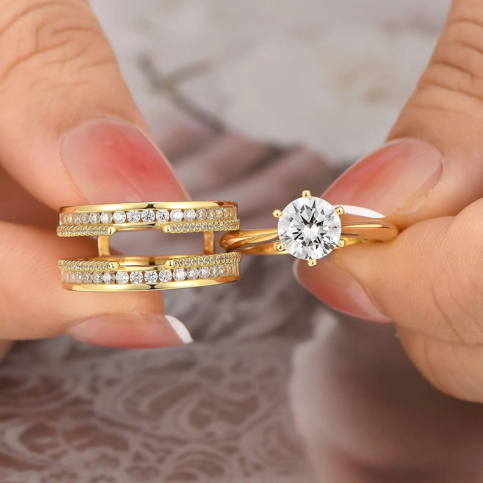 Newshe 925 Sterling Silver Yellow K Gold Rings for Women Round AAAAA Cubic Zircon Engagement Ring Enhancer Bridal Set Jewelry