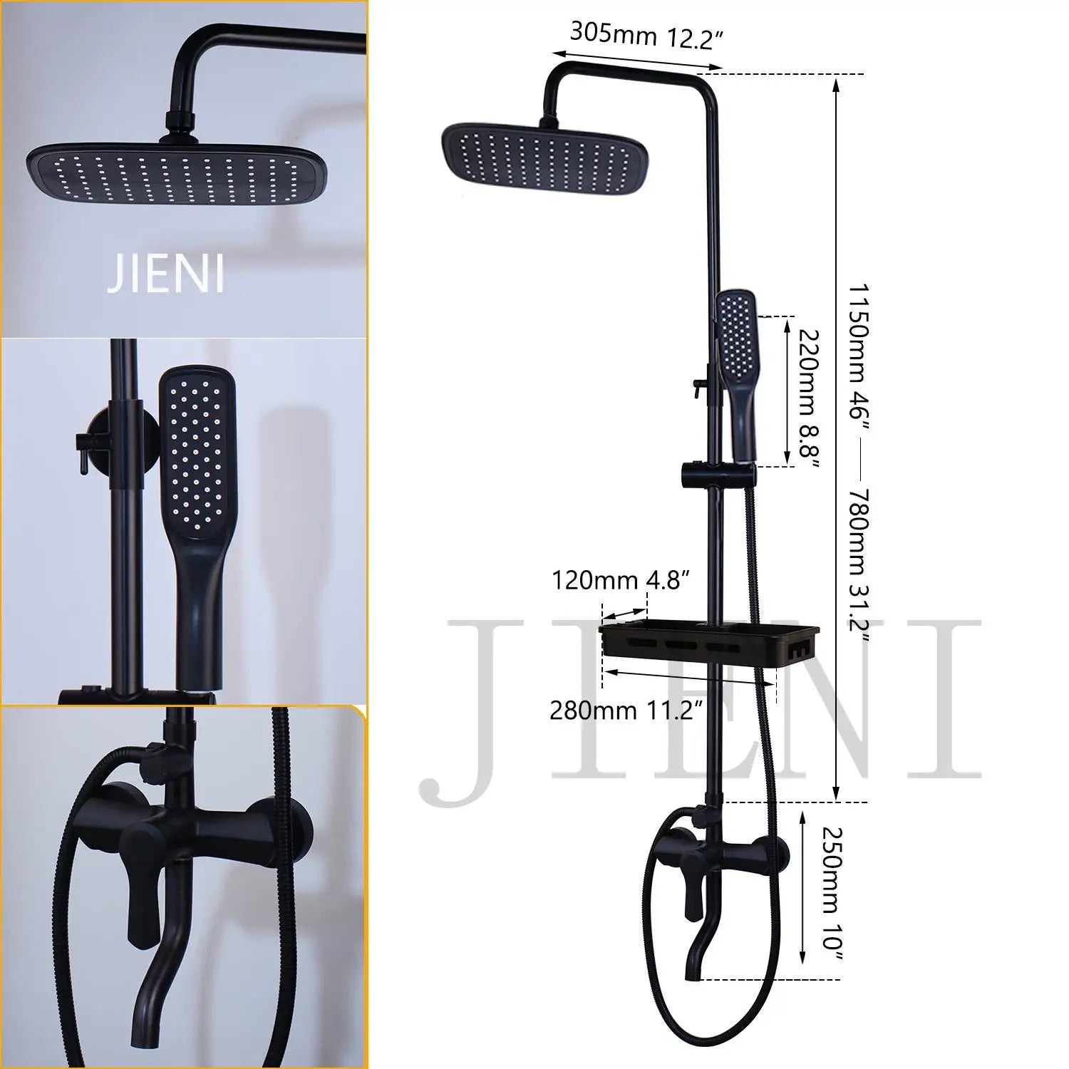 JIENI Matte Black Rainfall Shower Faucet Set Paint Black Bathtub Shower Mixer Faucet & Wall Mounted Hand Shower Mixer Faucet Set
