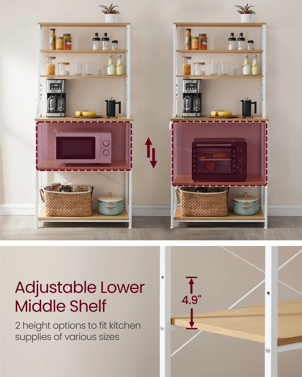 VASAGLE Baker's Rack, Microwave Oven Stand, Kitchen Tall Utility Storage Shelf, 6 Hooks And Metal Frame, Industrial