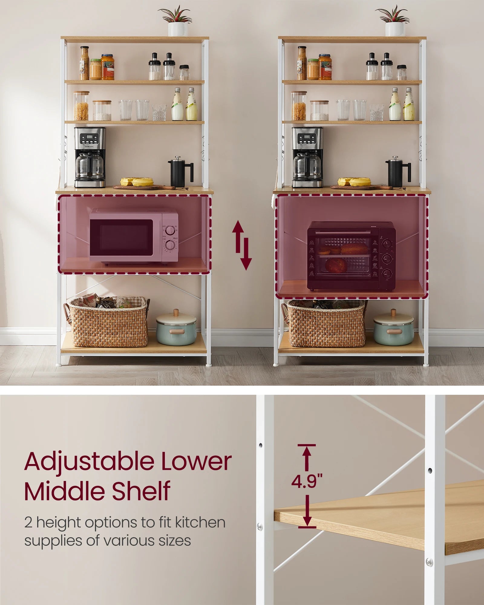 VASAGLE Baker's Rack, Microwave Oven Stand, Kitchen Tall Utility Storage Shelf, 6 Hooks And Metal Frame, Industrial