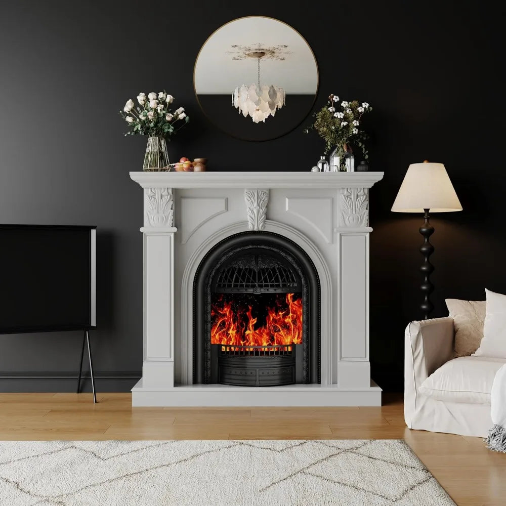 48 Electric Fireplace with Mantel, Tv Stand with Black Birdcage Fire Place Heater and Carved Square Column Design
